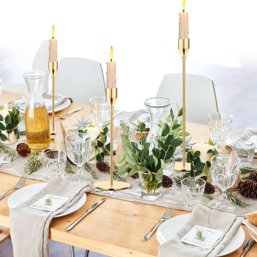New West Elm (Set of 3) Gold Retro Boho Tapered Candle Candlestick Holders - 13